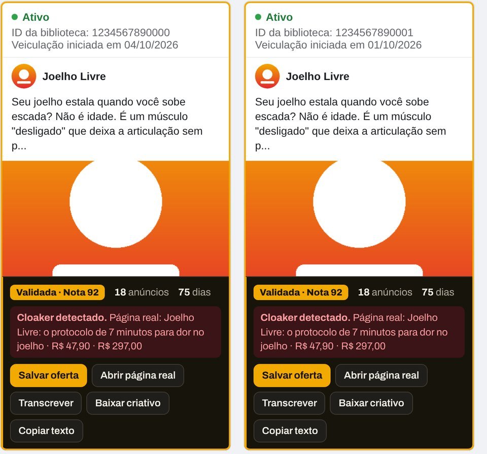 Cloaker detectado embaixo dos anúncios, com a página real e os preços