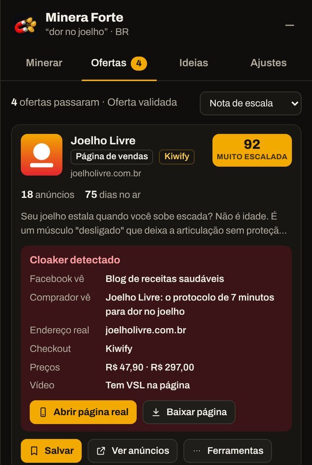 Minera Forte mostrando uma oferta com 18 anúncios, nota 92 e cloaker detectado