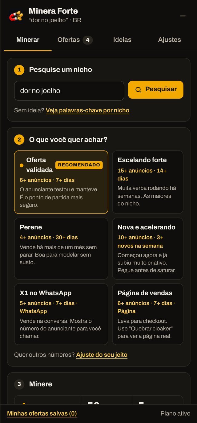 Painel do Minera Forte com os filtros prontos